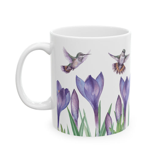 Hummingbirds and Crocus Flowers Watercolor Style Mug