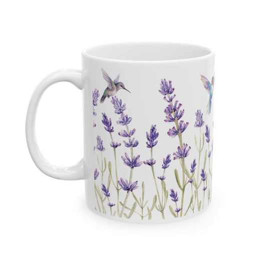 Hummingbirds and Lavender Flowers Watercolor Style Mug