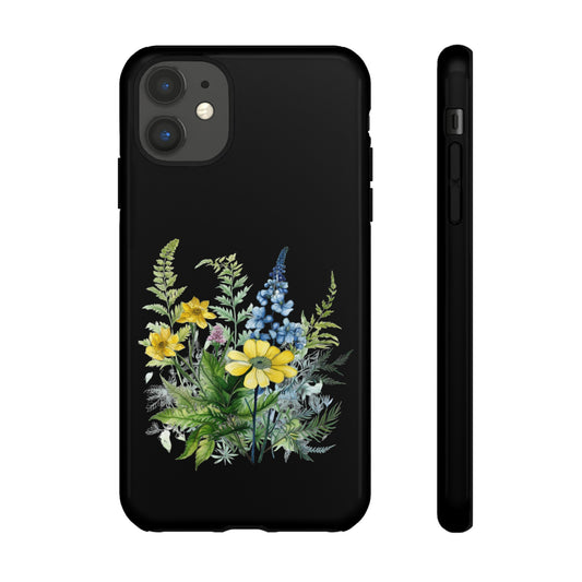 Yellow and Blue Wildflowers on Black Background Phone Case
