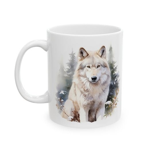 White Wolf Winter Scene Watercolor Style Mug