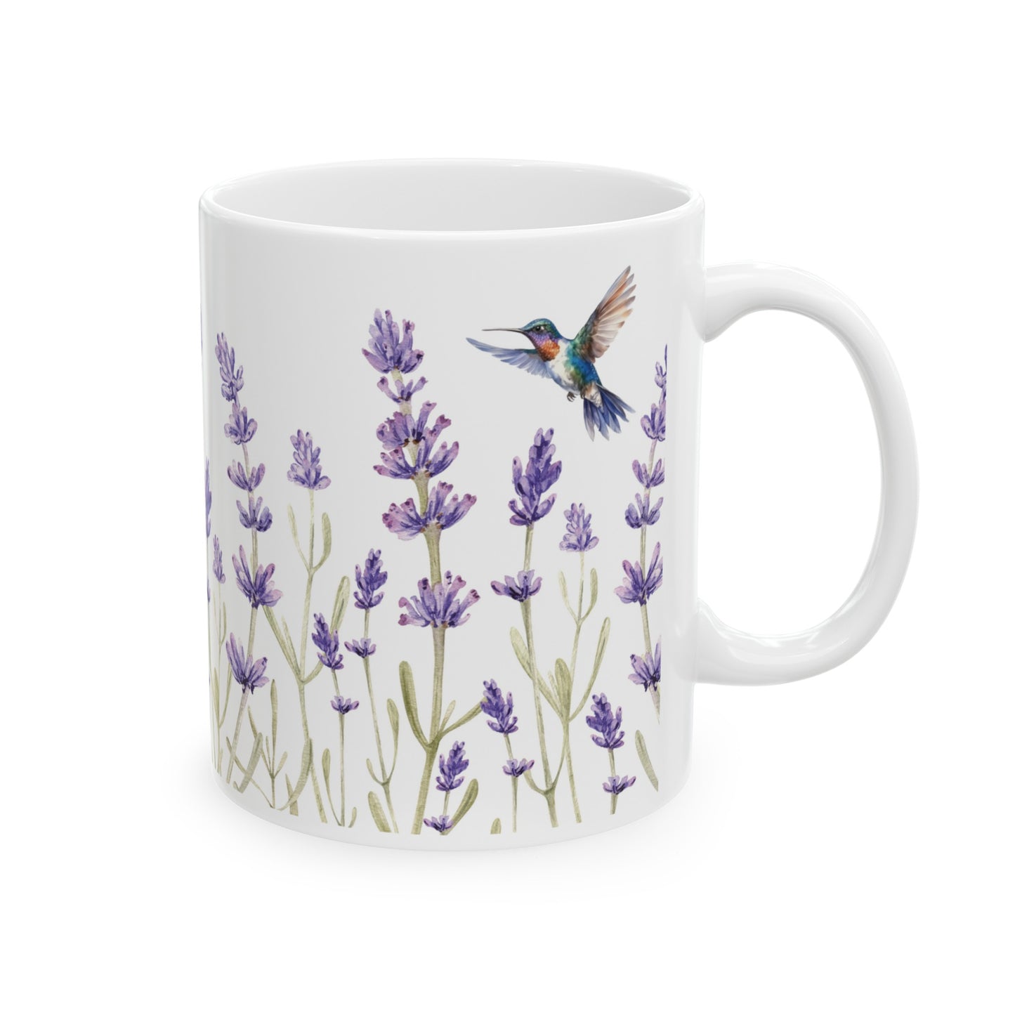 Hummingbirds and Lavender Flowers Watercolor Style Mug