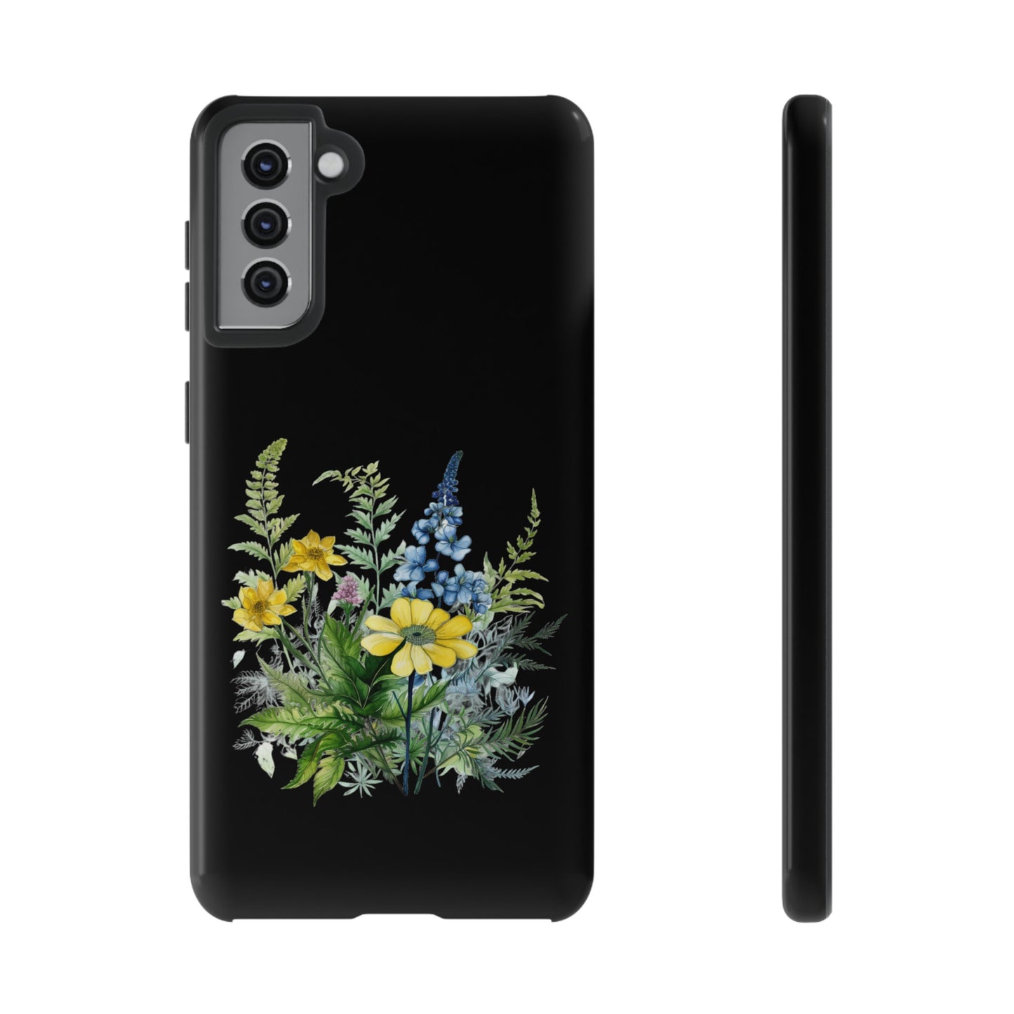 Yellow and Blue Wildflowers on Black Background Phone Case