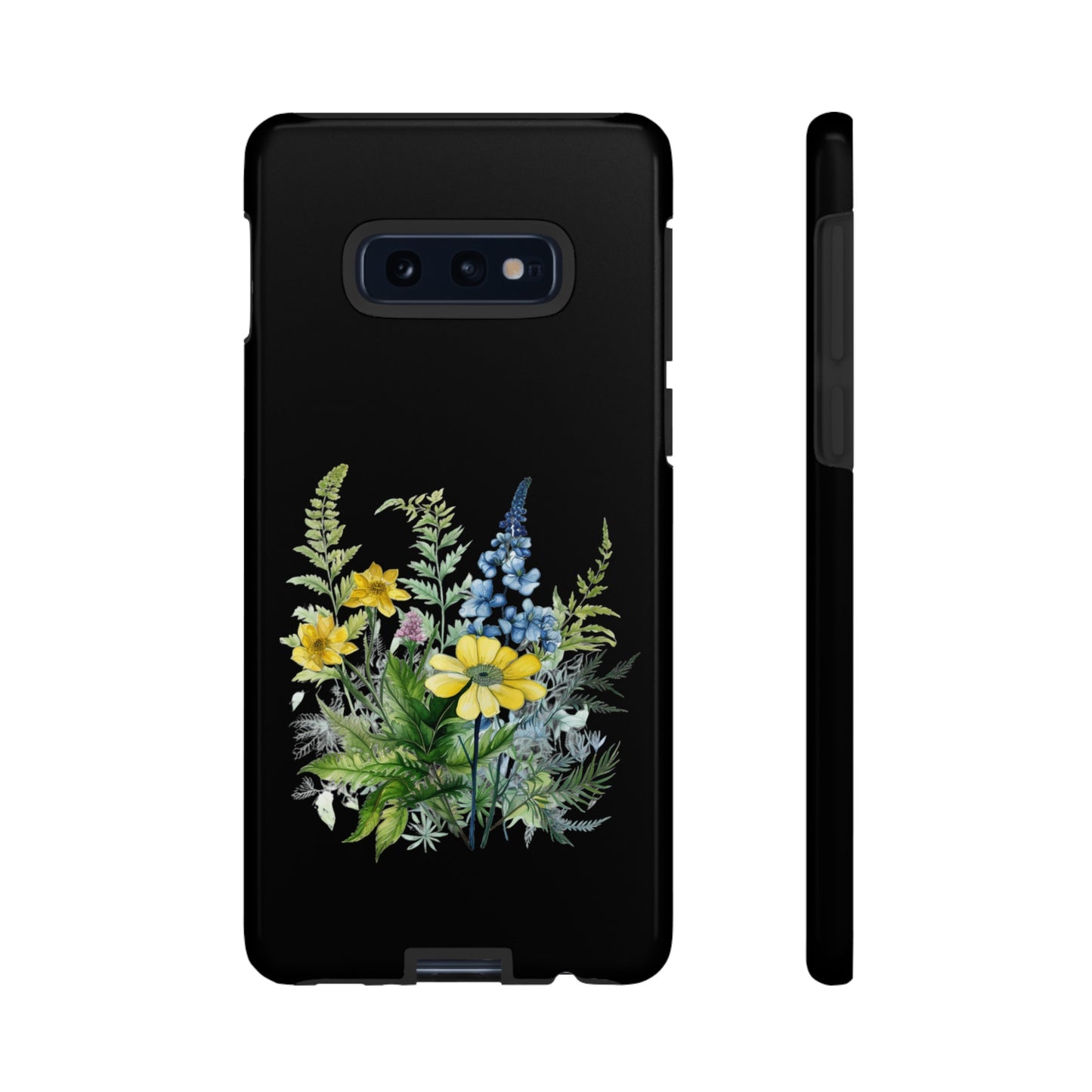 Yellow and Blue Wildflowers on Black Background Phone Case