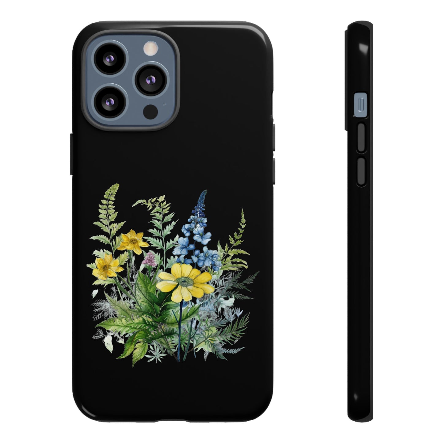 Yellow and Blue Wildflowers on Black Background Phone Case