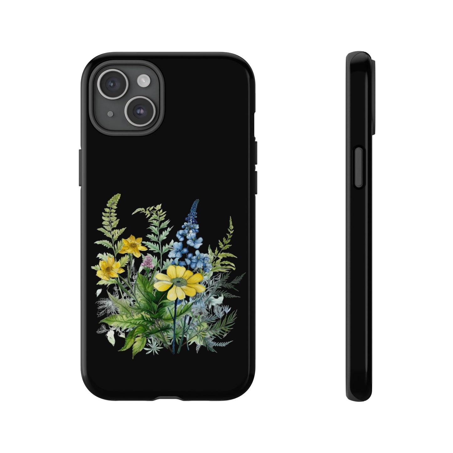 Yellow and Blue Wildflowers on Black Background Phone Case