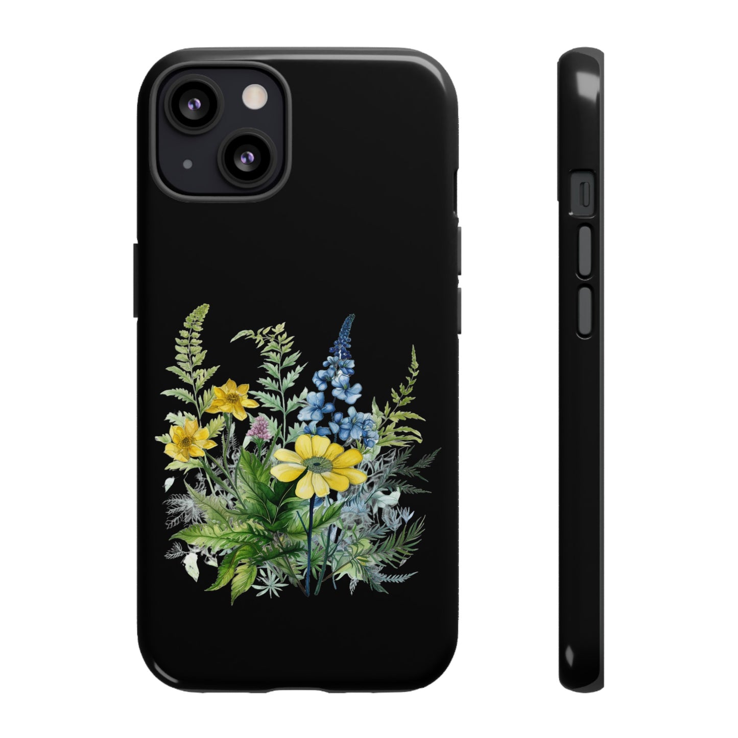 Yellow and Blue Wildflowers on Black Background Phone Case