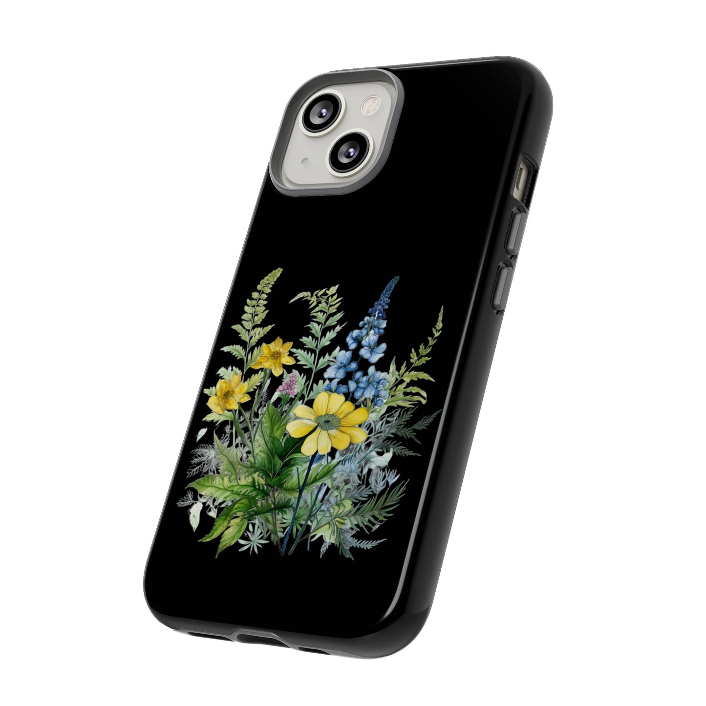 Yellow and Blue Wildflowers on Black Background Phone Case