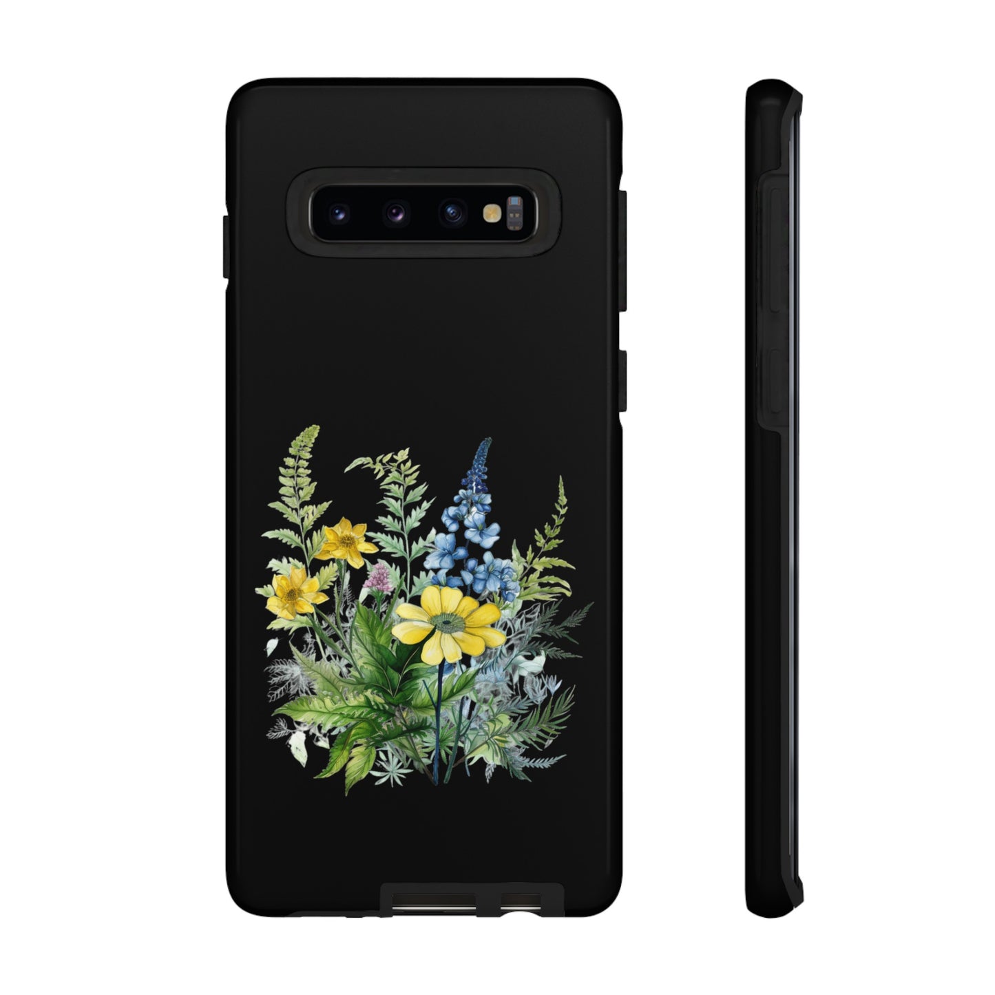 Yellow and Blue Wildflowers on Black Background Phone Case