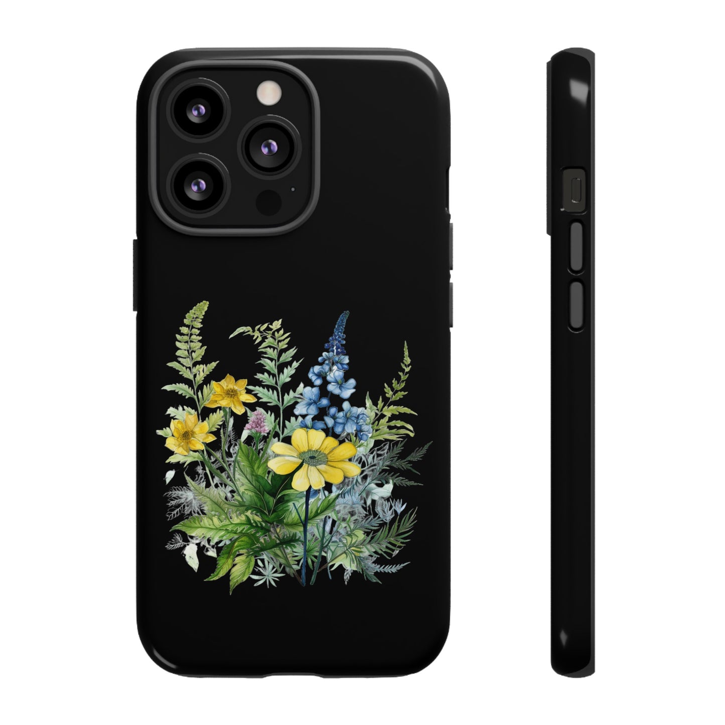 Yellow and Blue Wildflowers on Black Background Phone Case