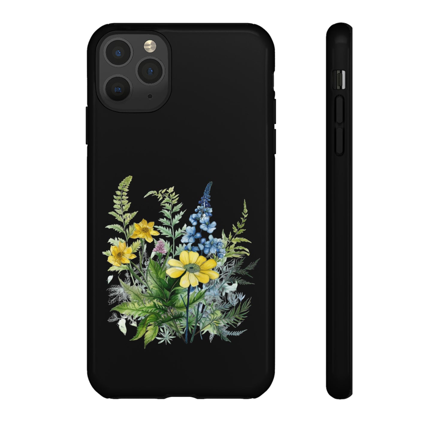 Yellow and Blue Wildflowers on Black Background Phone Case