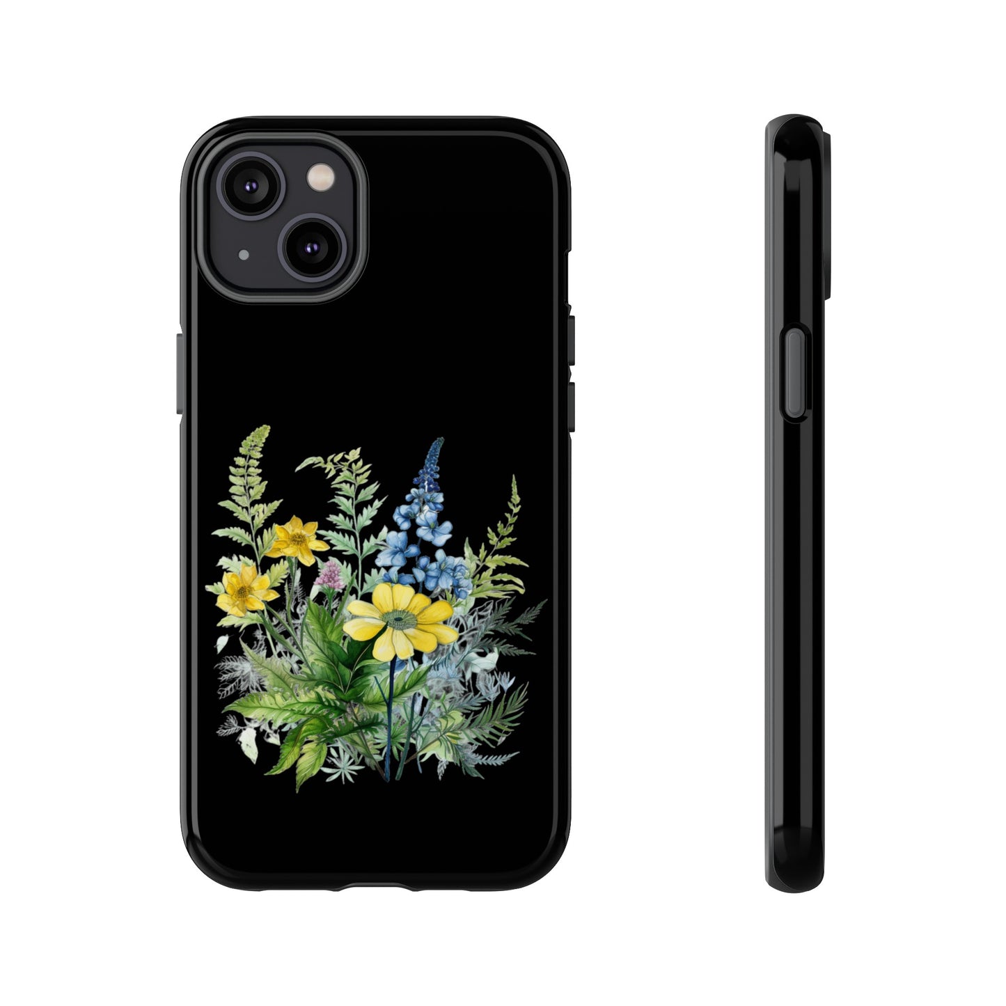 Yellow and Blue Wildflowers on Black Background Phone Case