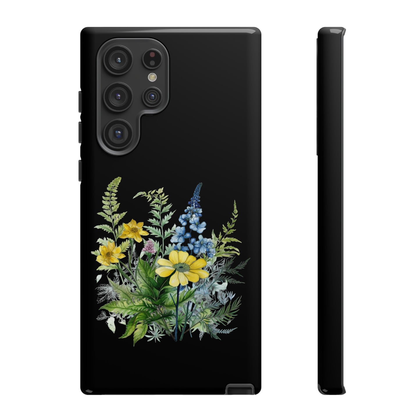 Yellow and Blue Wildflowers on Black Background Phone Case