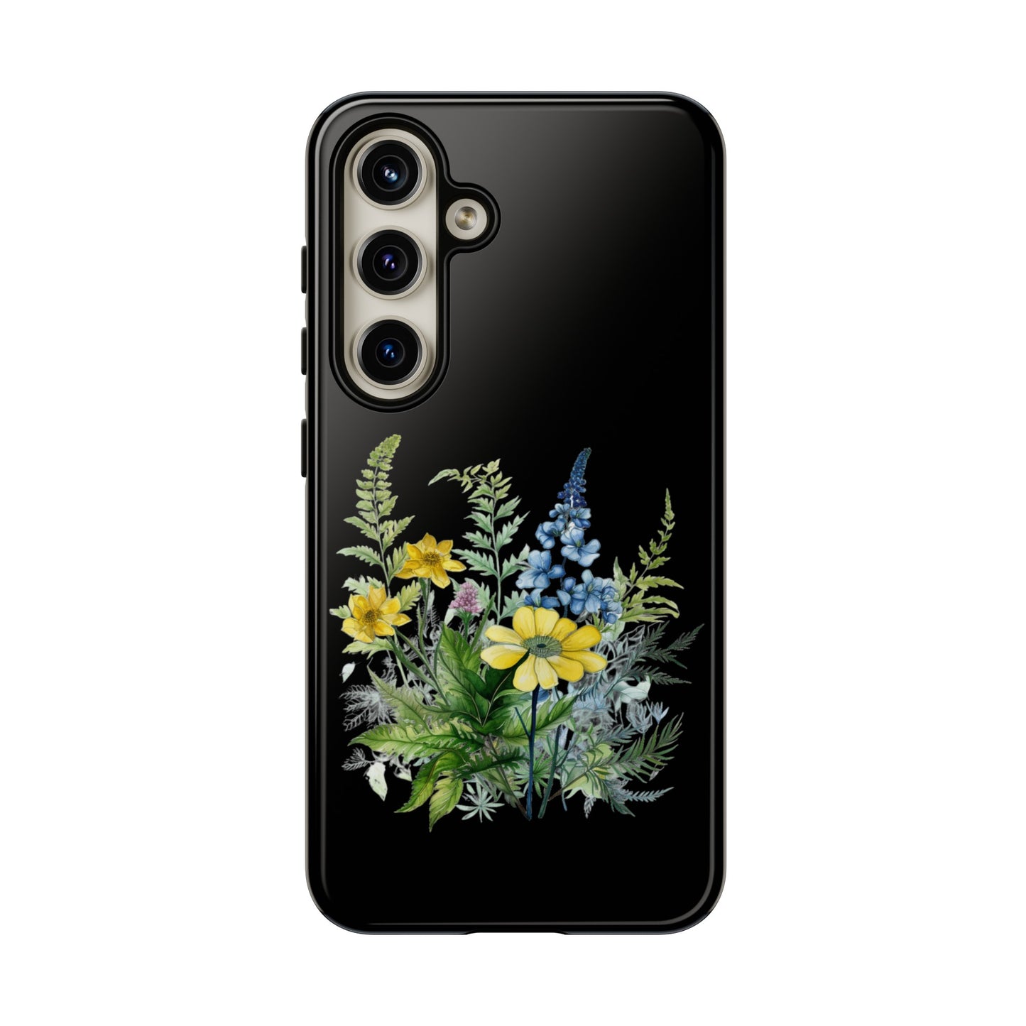 Yellow and Blue Wildflowers on Black Background Phone Case