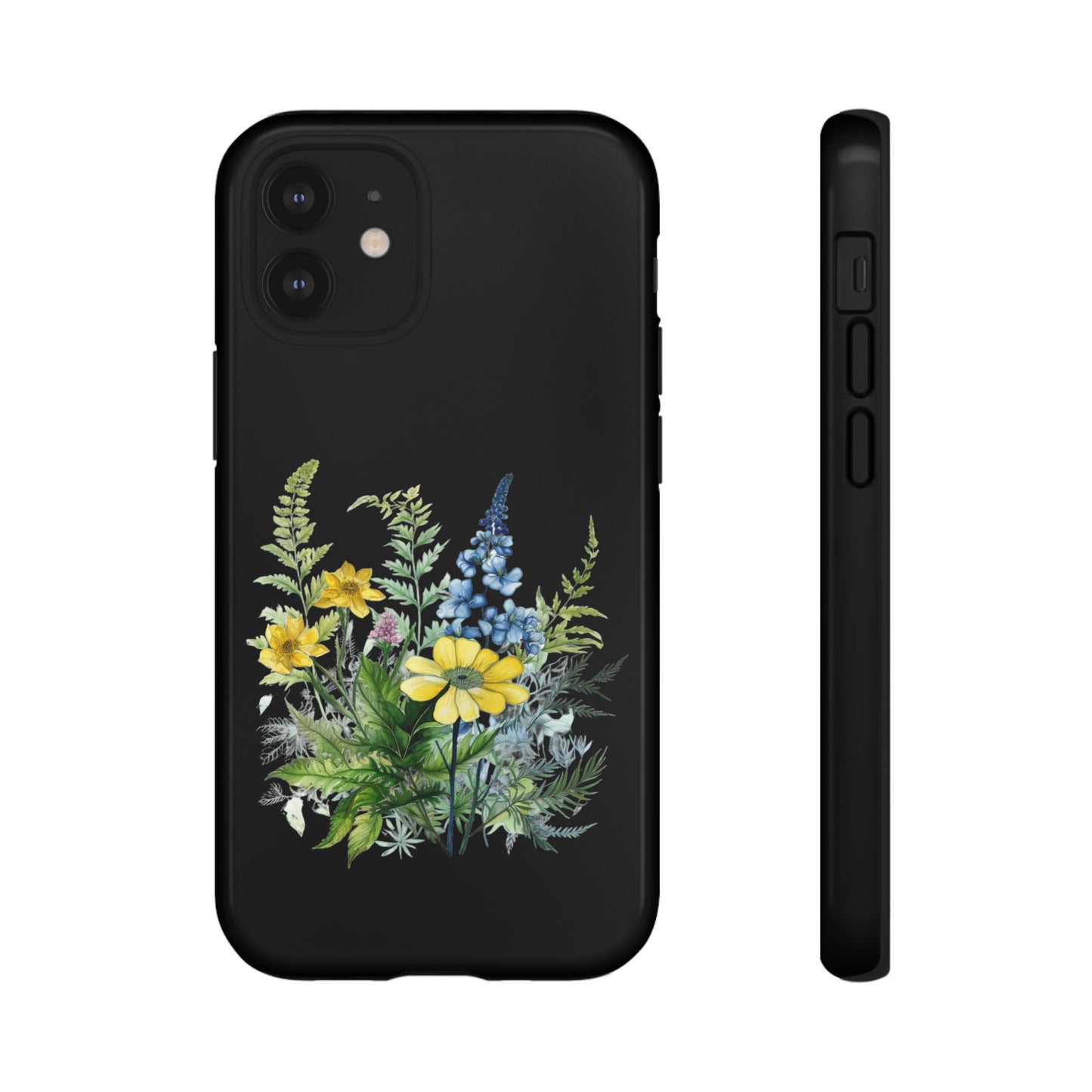 Yellow and Blue Wildflowers on Black Background Phone Case