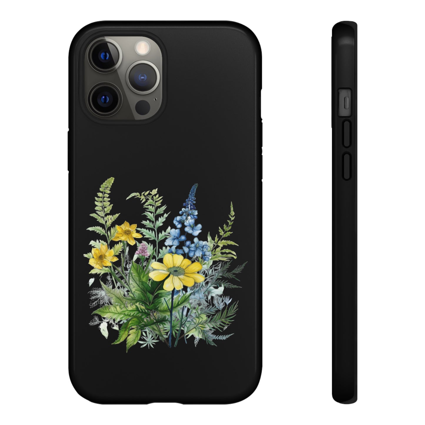 Yellow and Blue Wildflowers on Black Background Phone Case