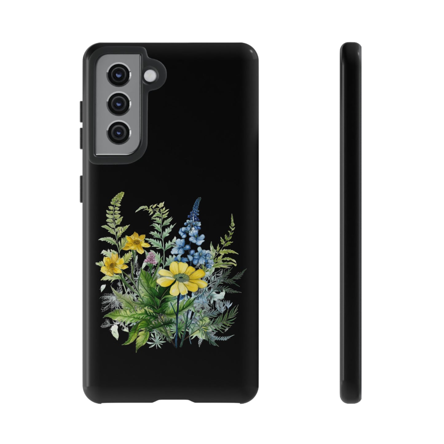 Yellow and Blue Wildflowers on Black Background Phone Case