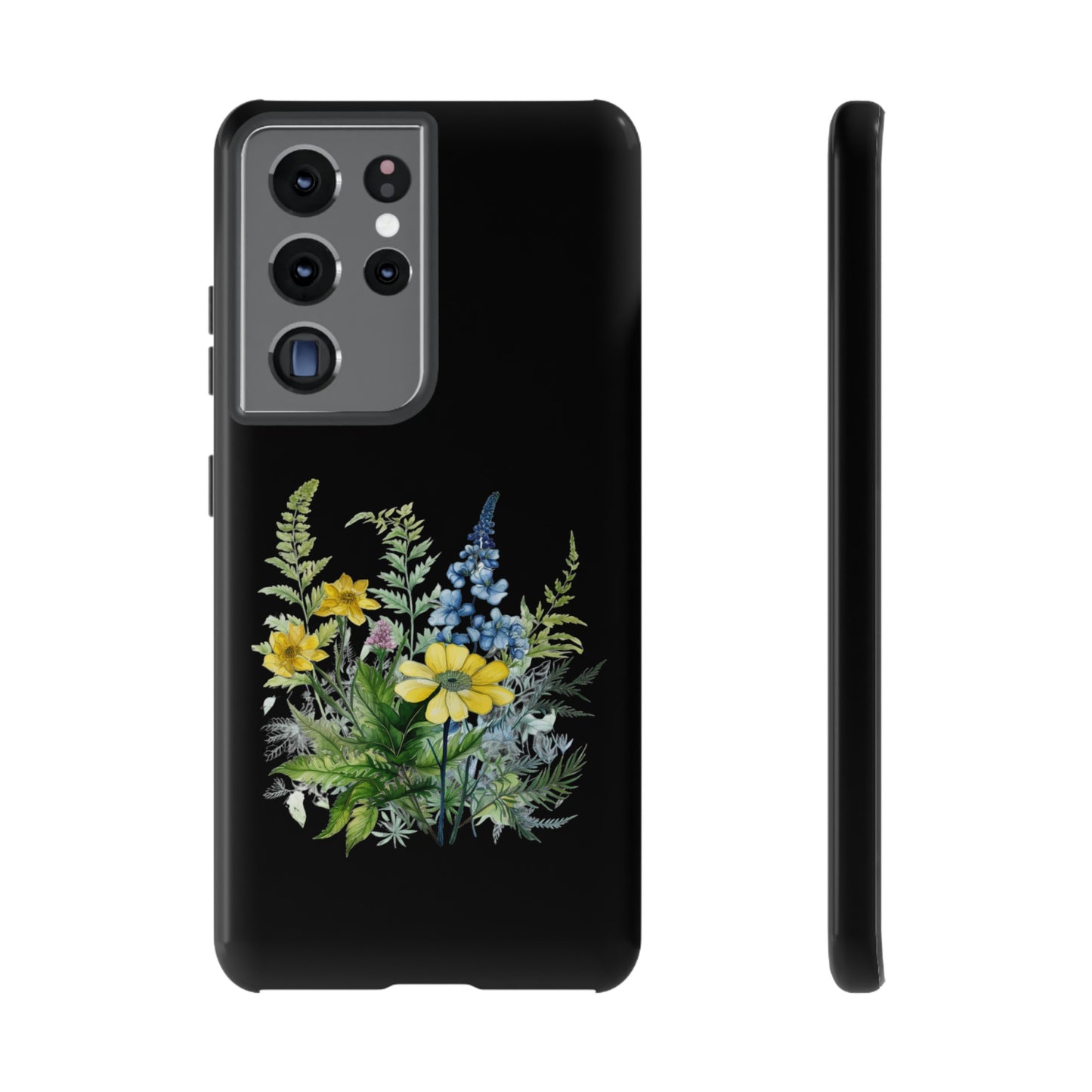 Yellow and Blue Wildflowers on Black Background Phone Case