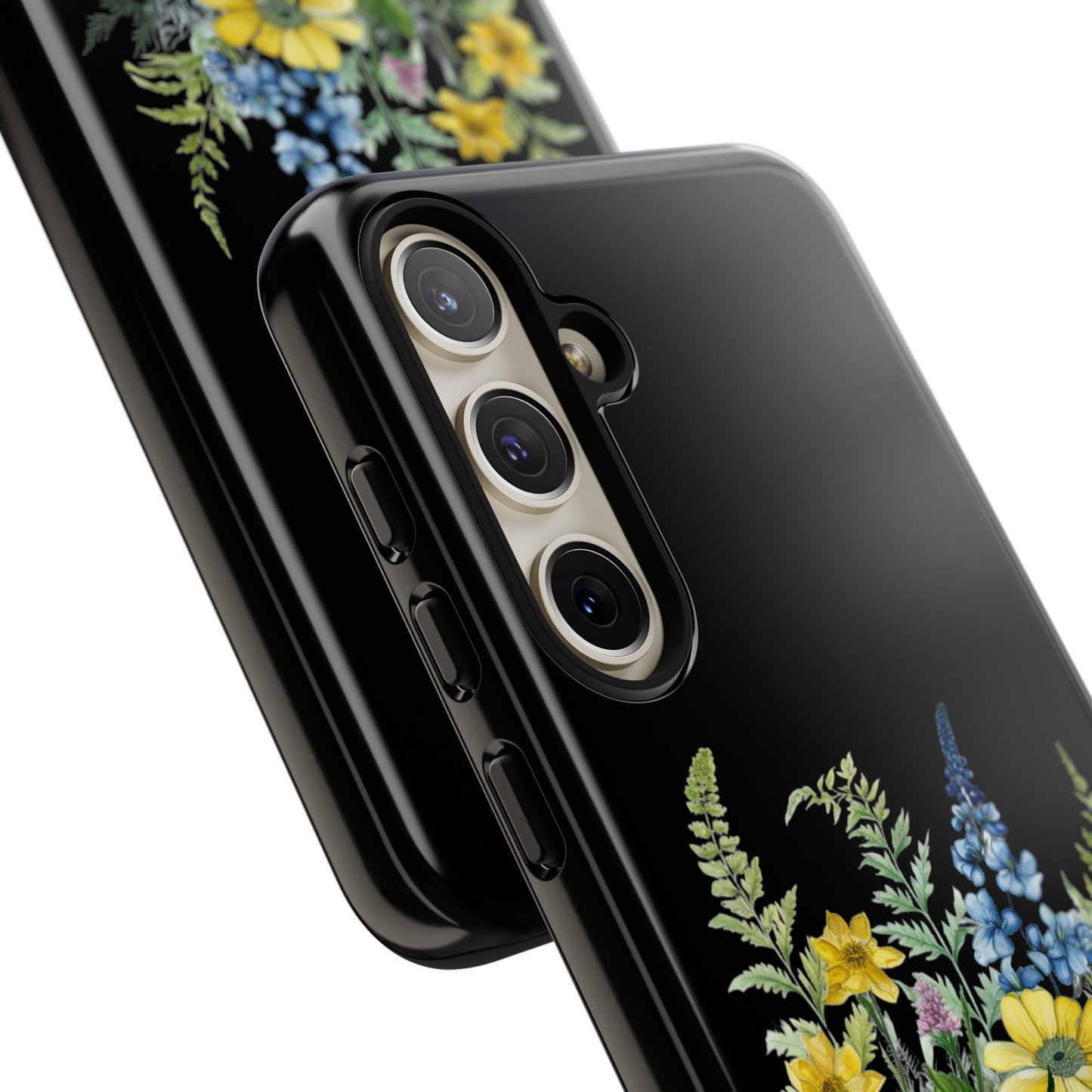 Yellow and Blue Wildflowers on Black Background Phone Case