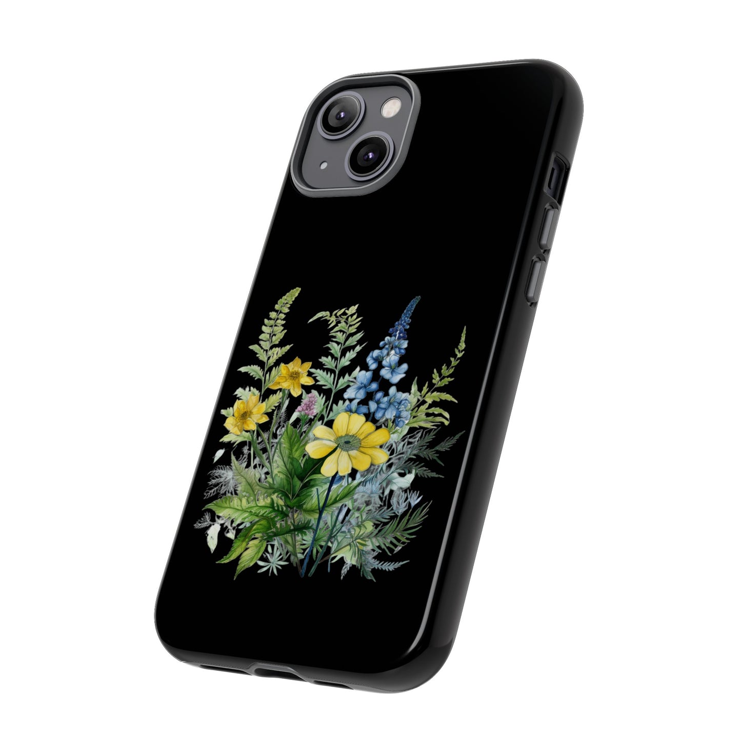 Yellow and Blue Wildflowers on Black Background Phone Case