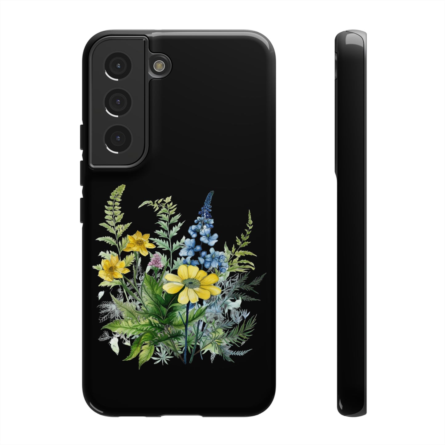 Yellow and Blue Wildflowers on Black Background Phone Case