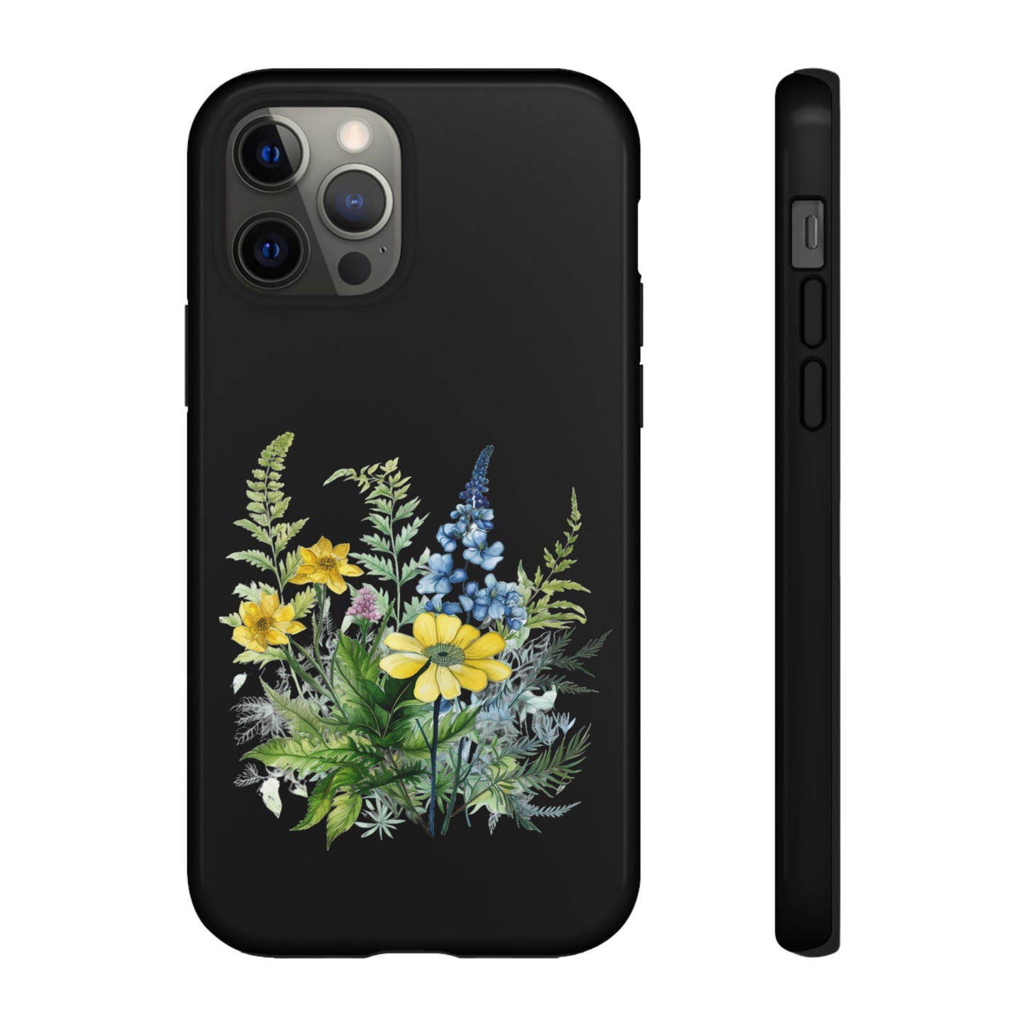 Yellow and Blue Wildflowers on Black Background Phone Case