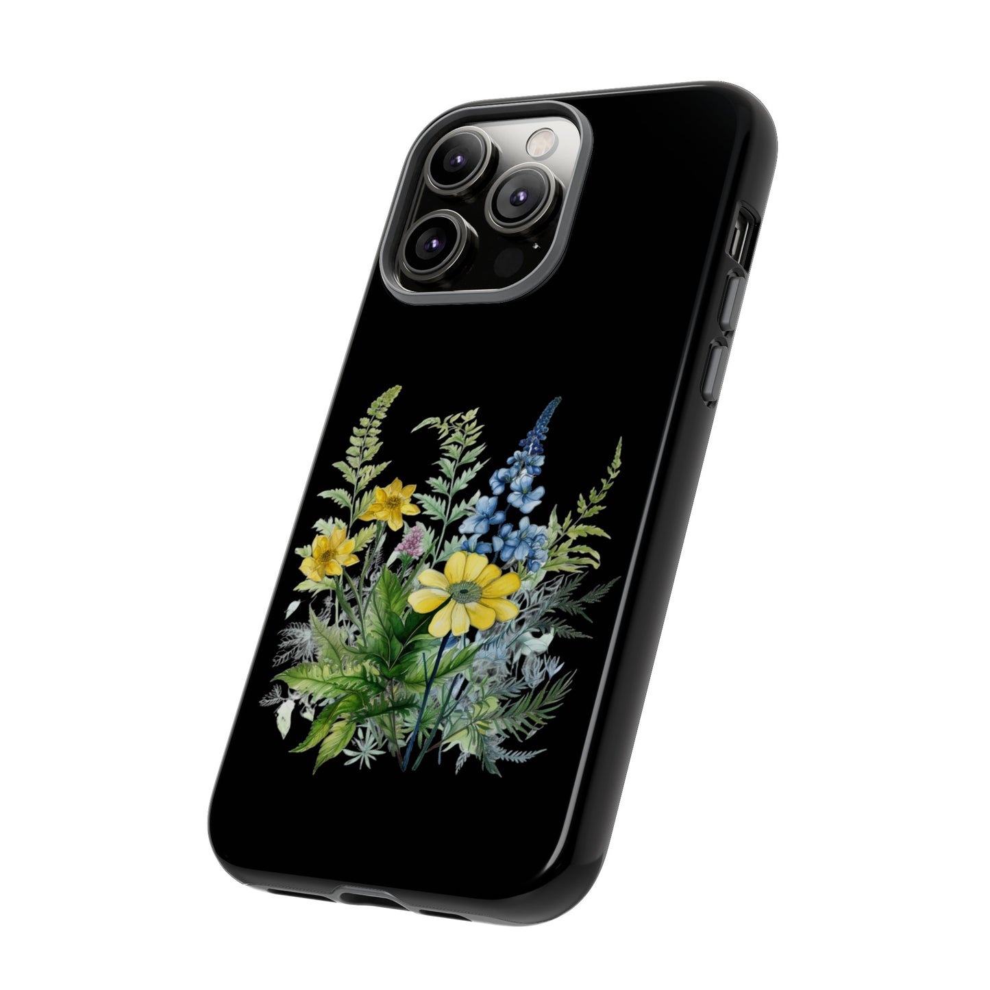 Yellow and Blue Wildflowers on Black Background Phone Case