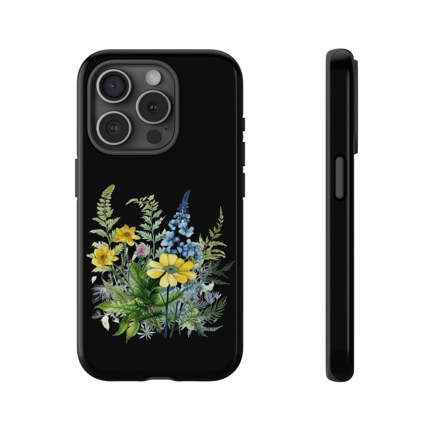 Yellow and Blue Wildflowers on Black Background Phone Case