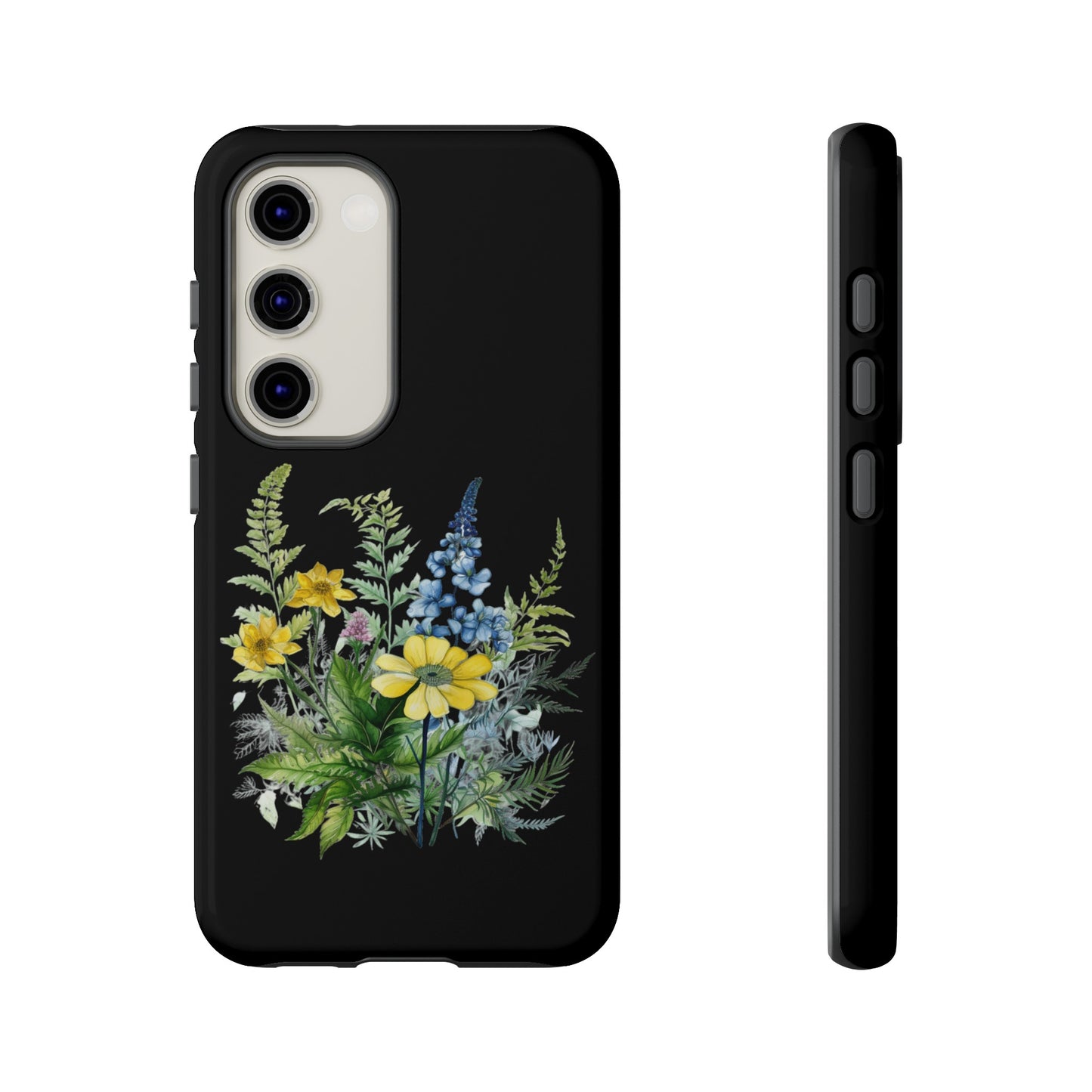 Yellow and Blue Wildflowers on Black Background Phone Case