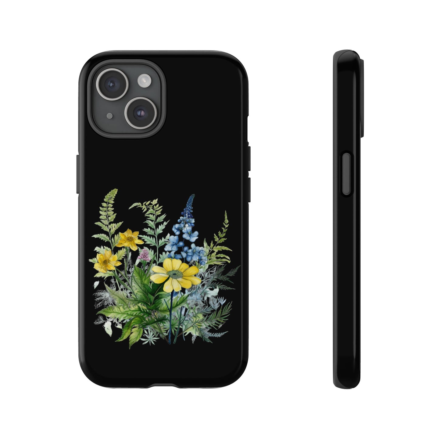 Yellow and Blue Wildflowers on Black Background Phone Case