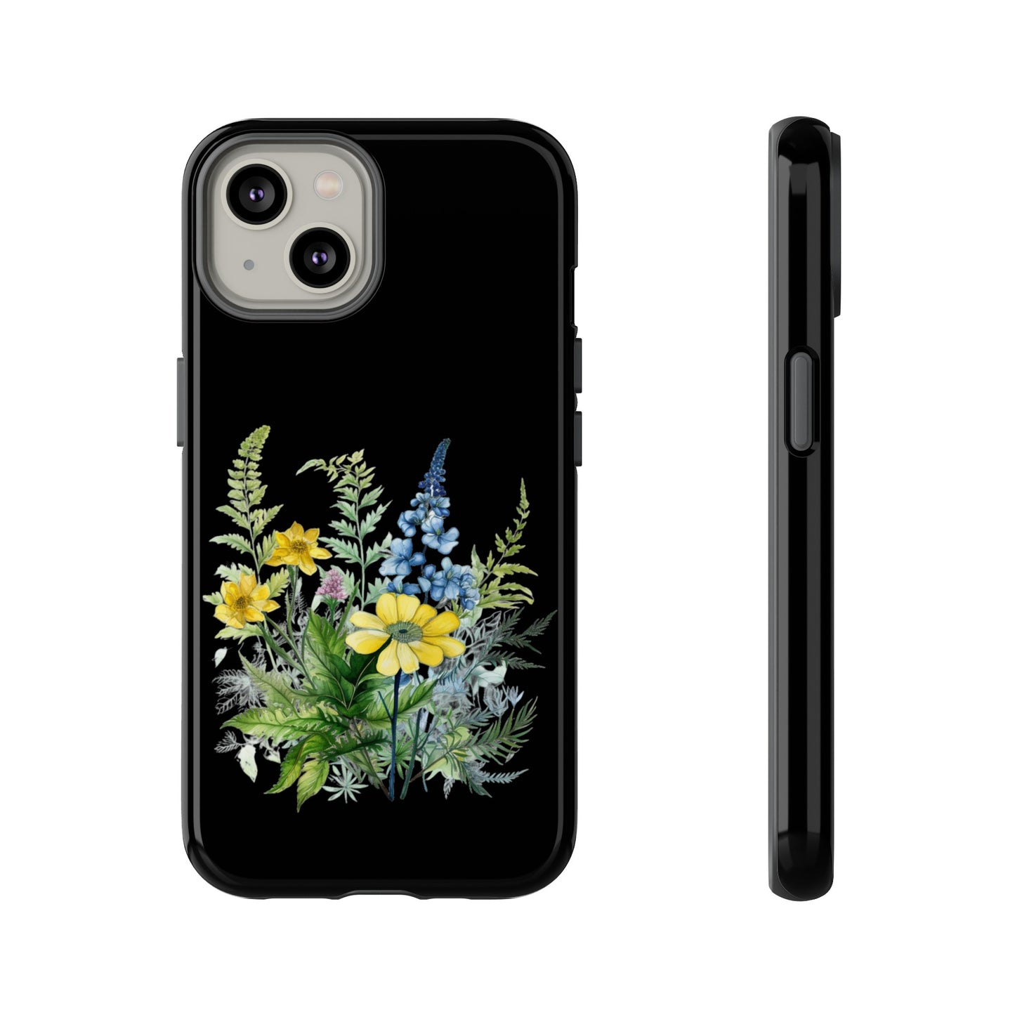 Yellow and Blue Wildflowers on Black Background Phone Case