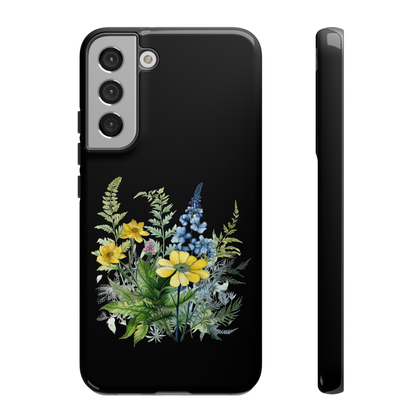 Yellow and Blue Wildflowers on Black Background Phone Case