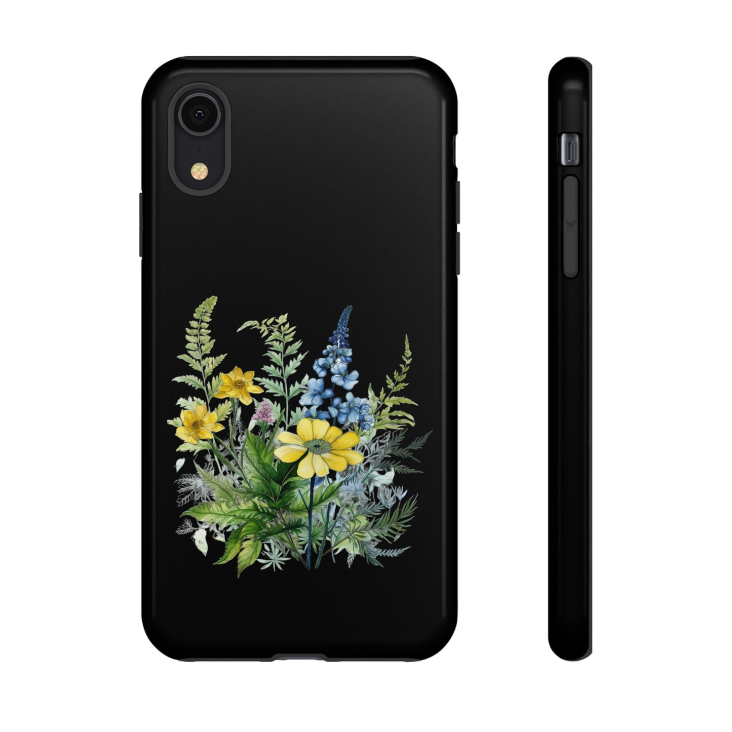 Yellow and Blue Wildflowers on Black Background Phone Case