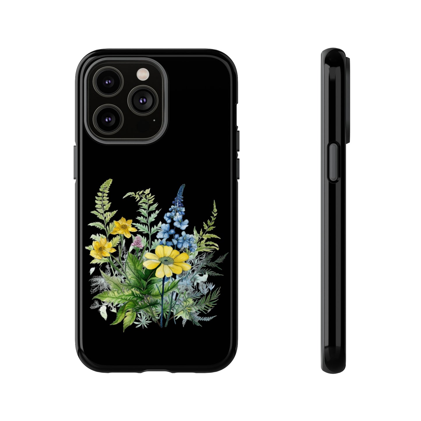 Yellow and Blue Wildflowers on Black Background Phone Case