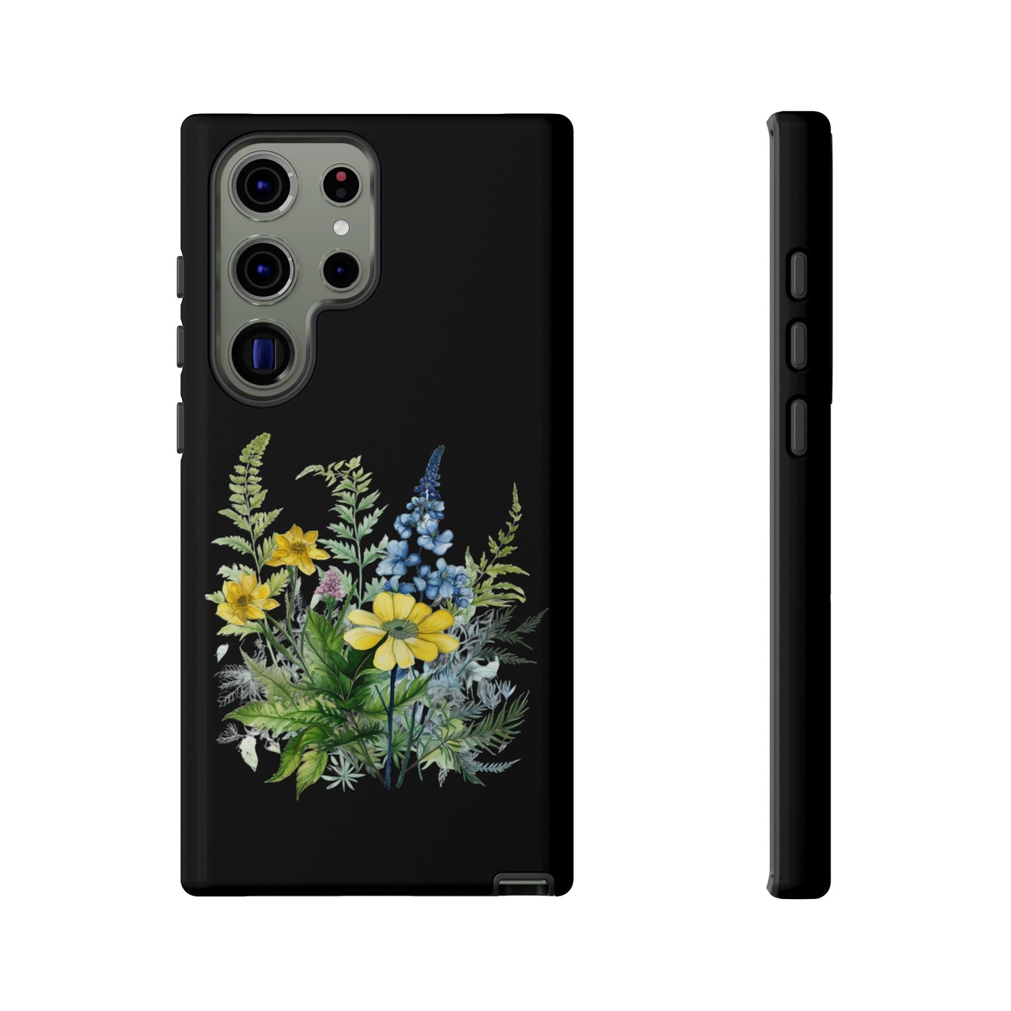 Yellow and Blue Wildflowers on Black Background Phone Case