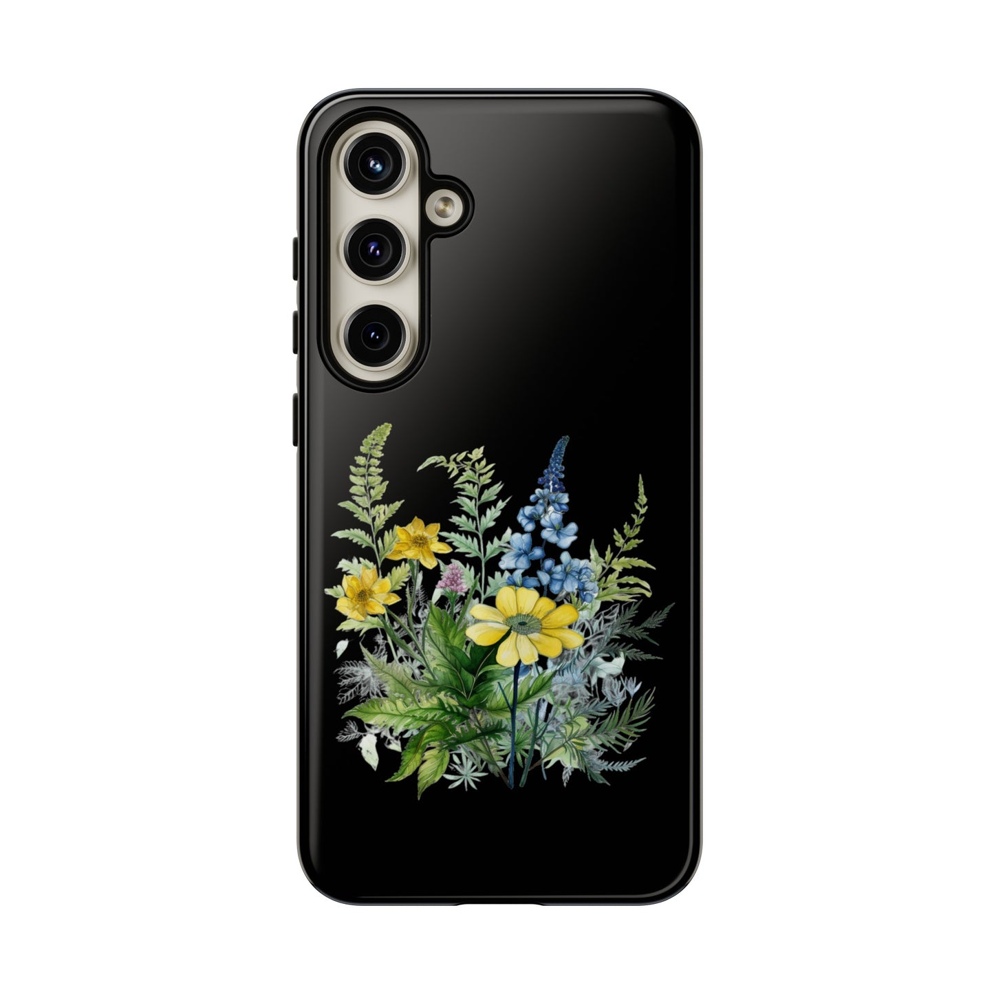 Yellow and Blue Wildflowers on Black Background Phone Case