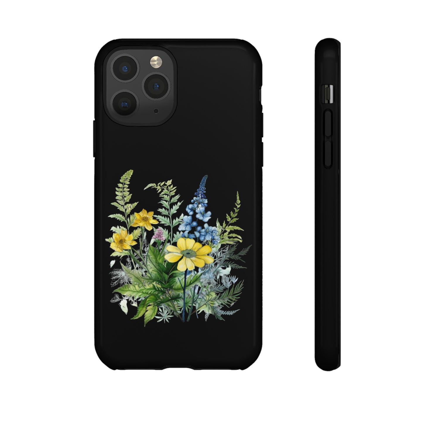 Yellow and Blue Wildflowers on Black Background Phone Case