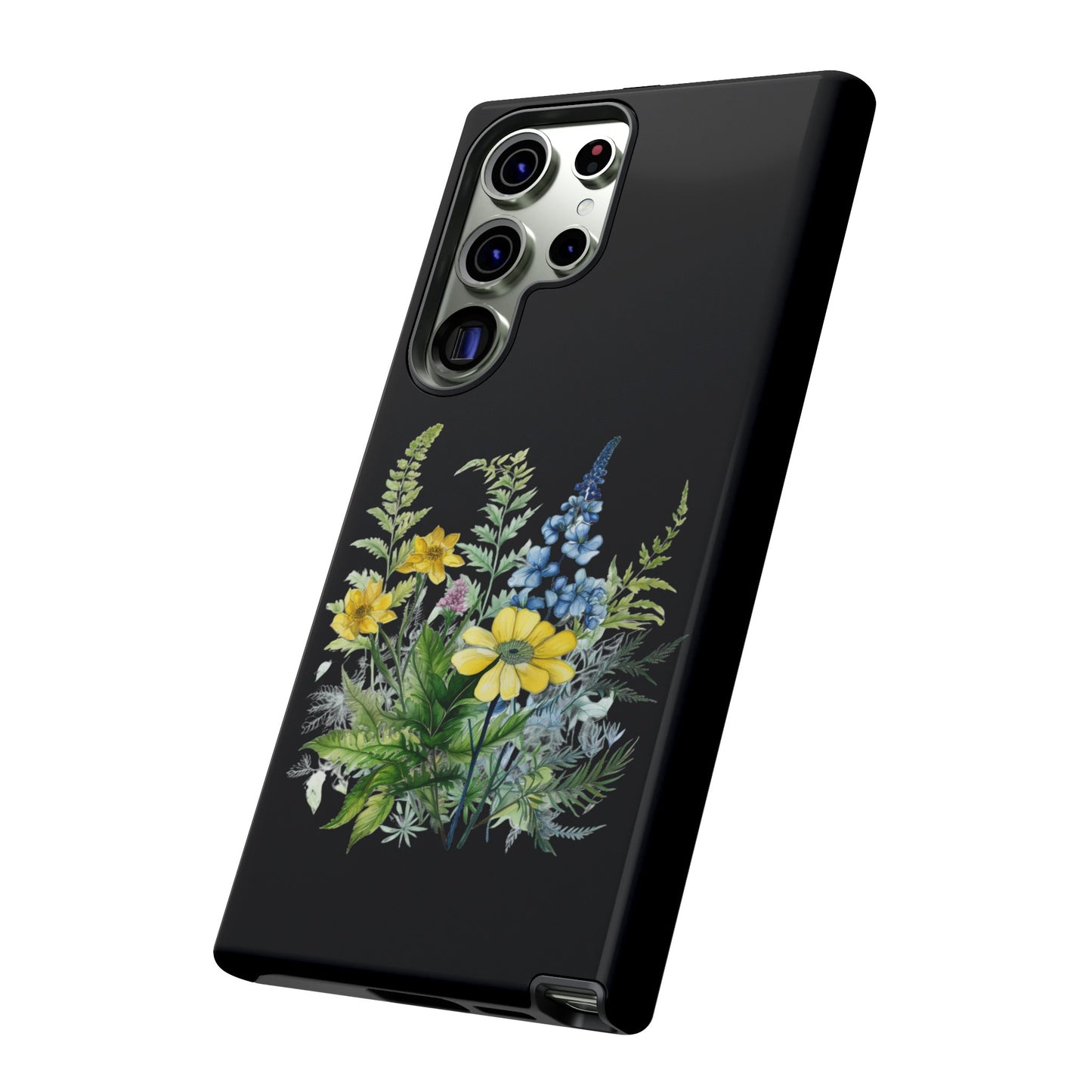 Yellow and Blue Wildflowers on Black Background Phone Case