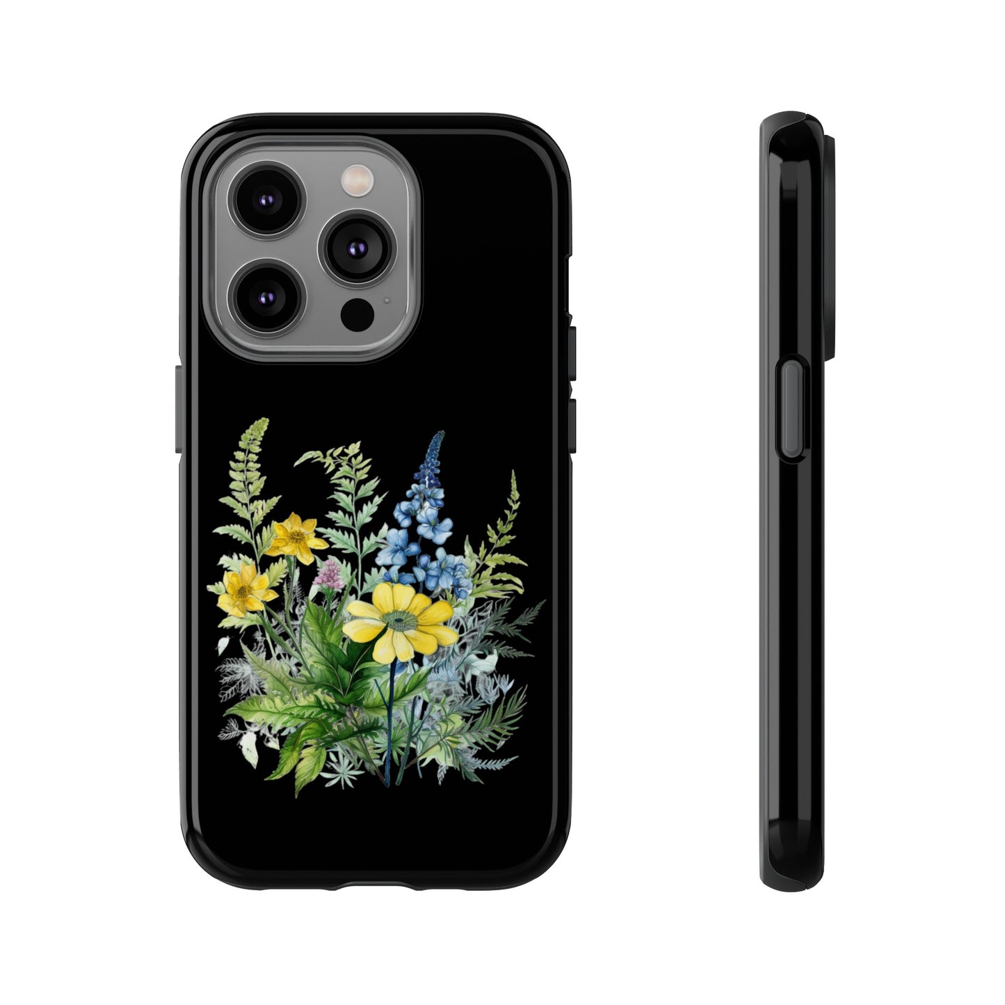 Yellow and Blue Wildflowers on Black Background Phone Case