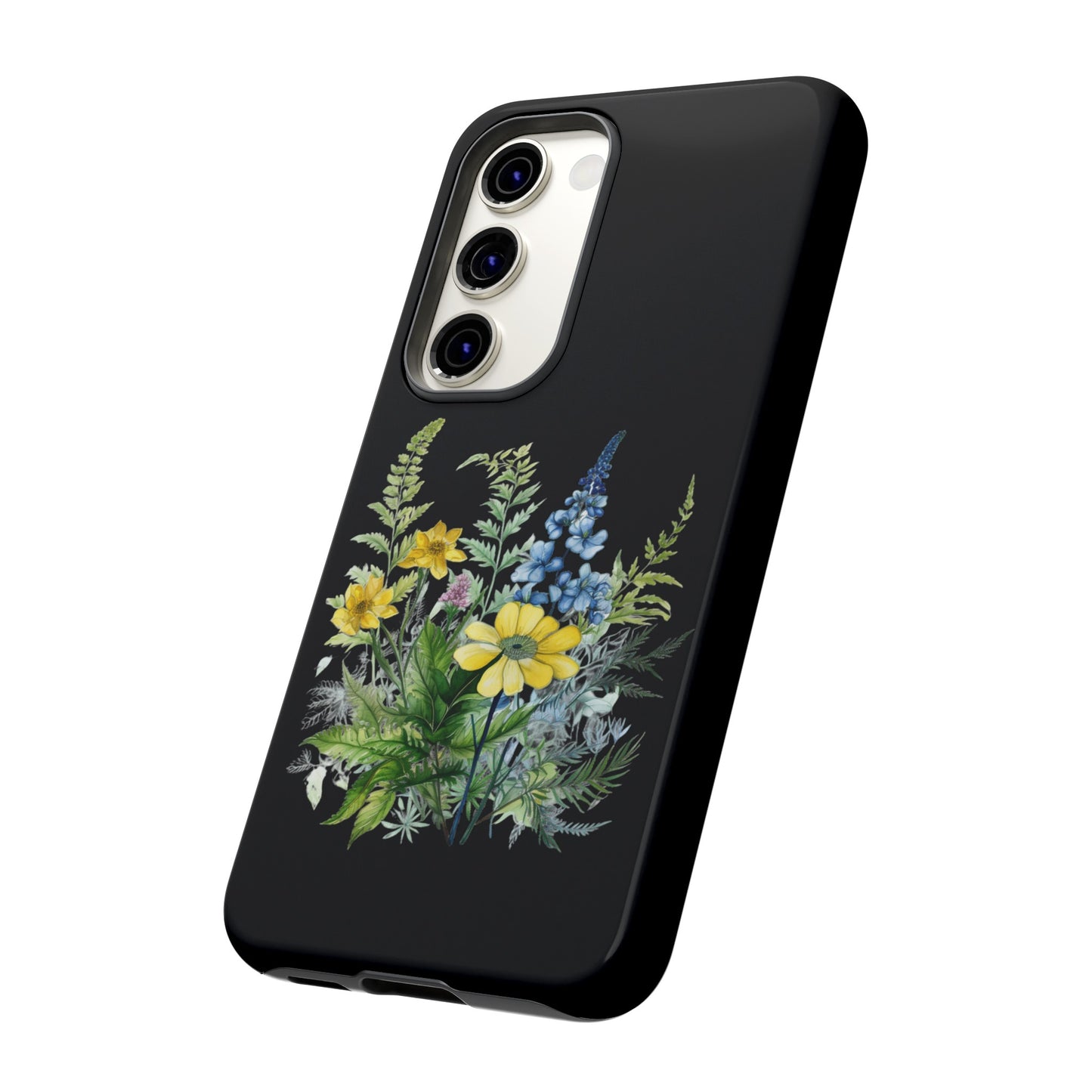 Yellow and Blue Wildflowers on Black Background Phone Case