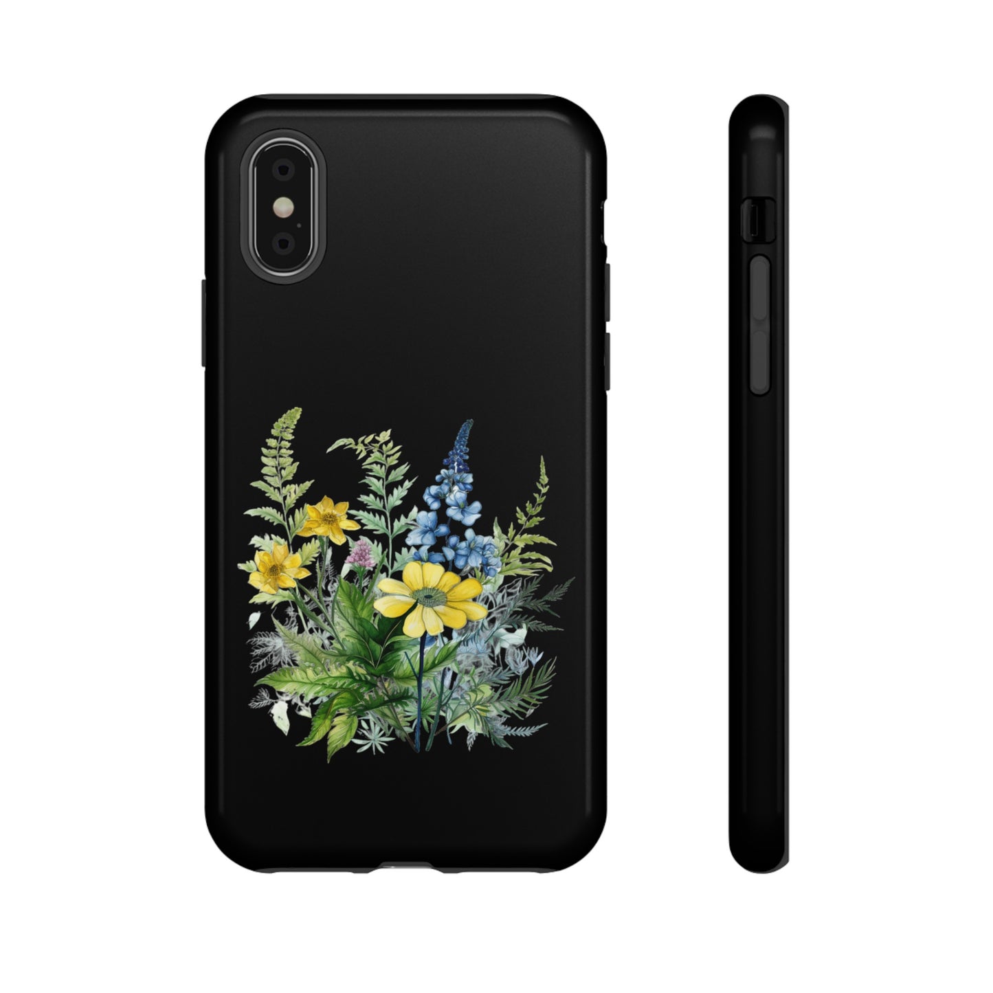 Yellow and Blue Wildflowers on Black Background Phone Case