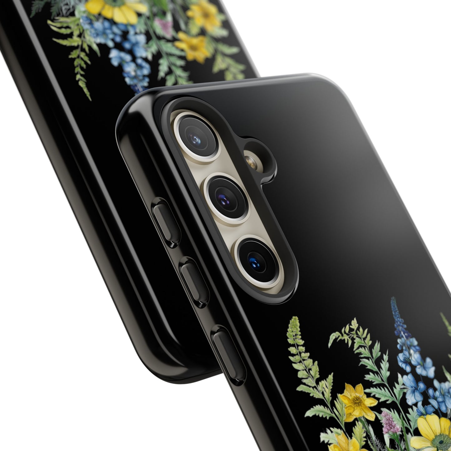 Yellow and Blue Wildflowers on Black Background Phone Case