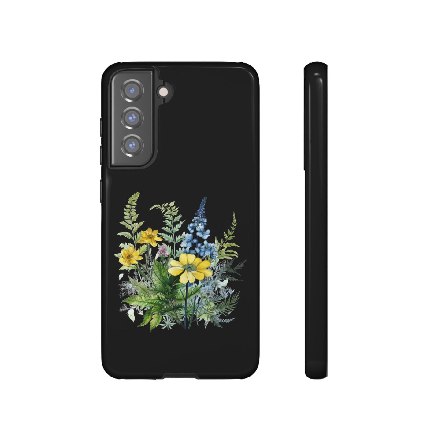 Yellow and Blue Wildflowers on Black Background Phone Case