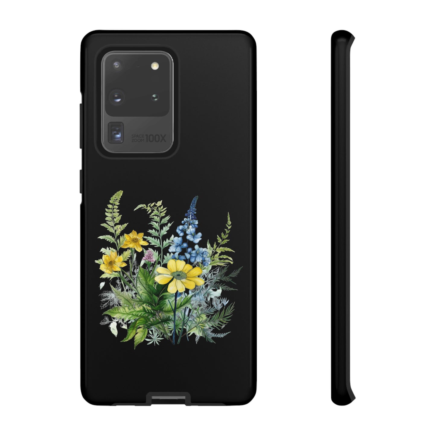 Yellow and Blue Wildflowers on Black Background Phone Case