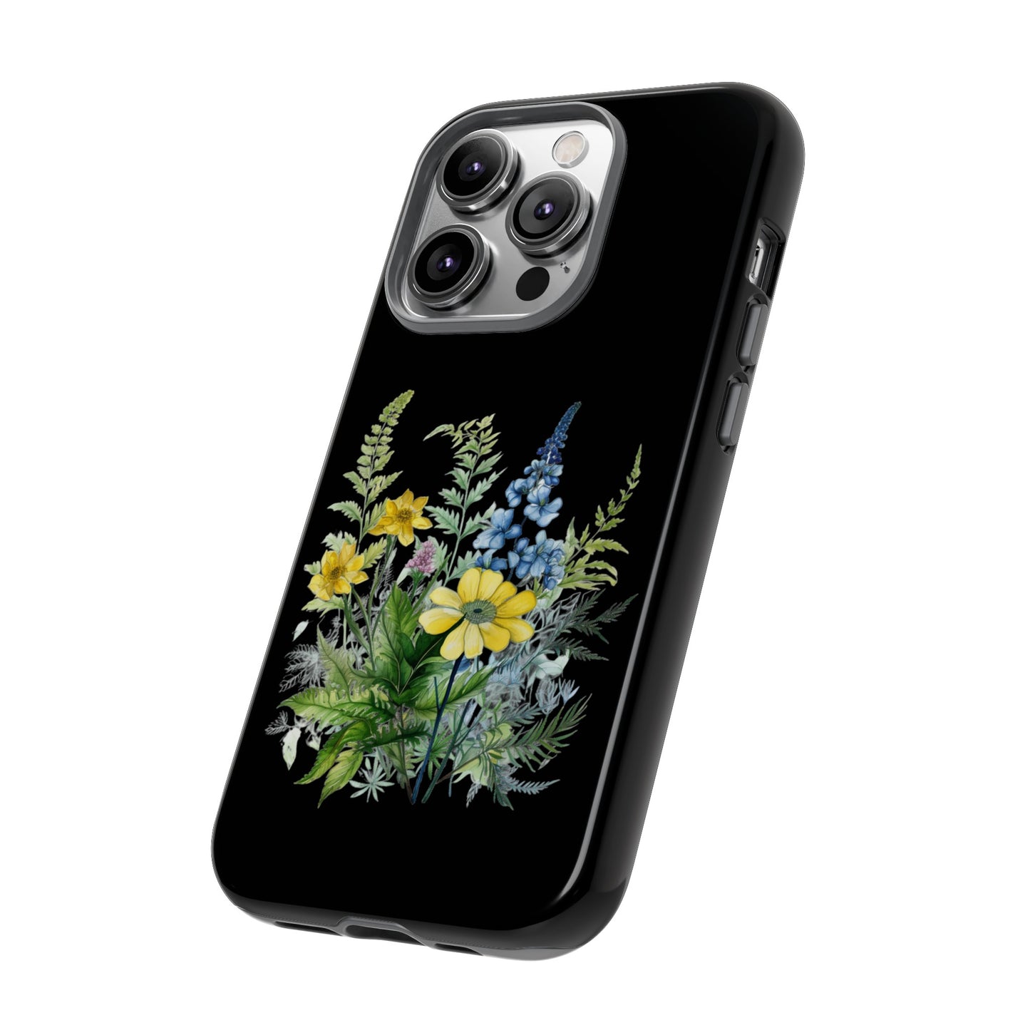 Yellow and Blue Wildflowers on Black Background Phone Case