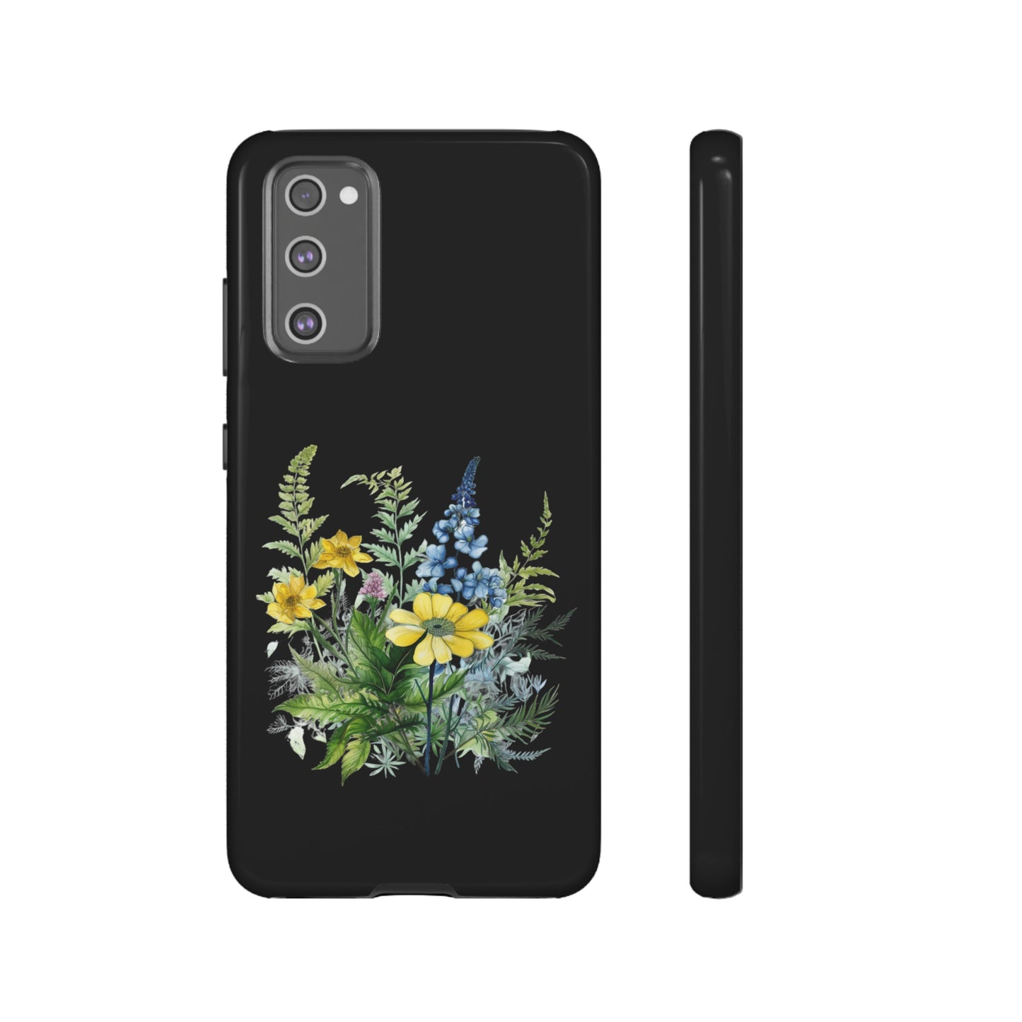 Yellow and Blue Wildflowers on Black Background Phone Case