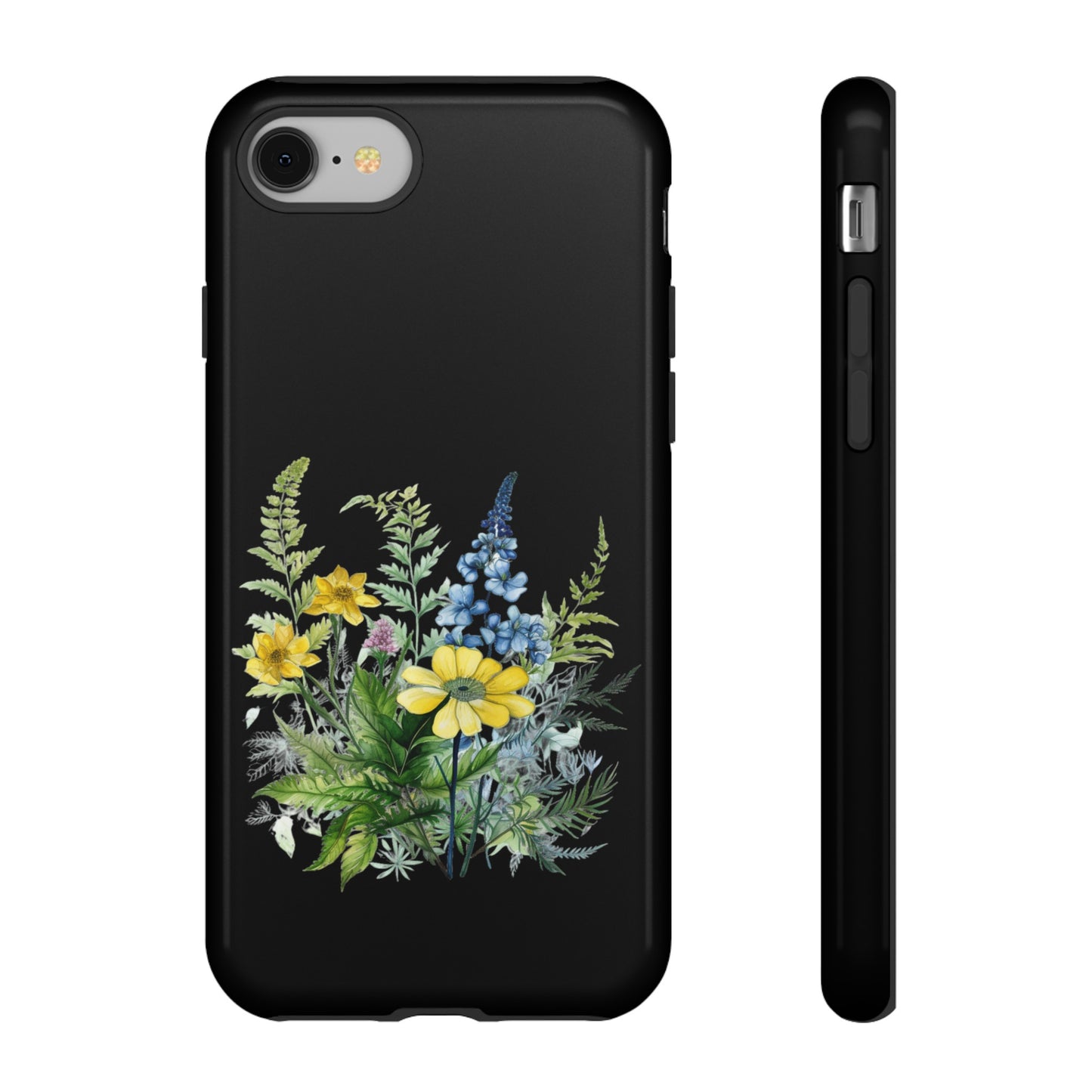 Yellow and Blue Wildflowers on Black Background Phone Case