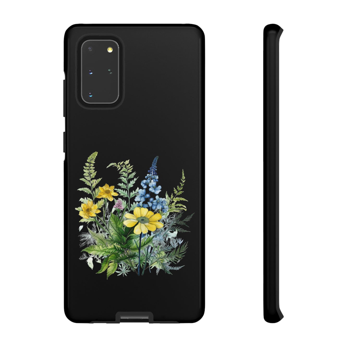 Yellow and Blue Wildflowers on Black Background Phone Case