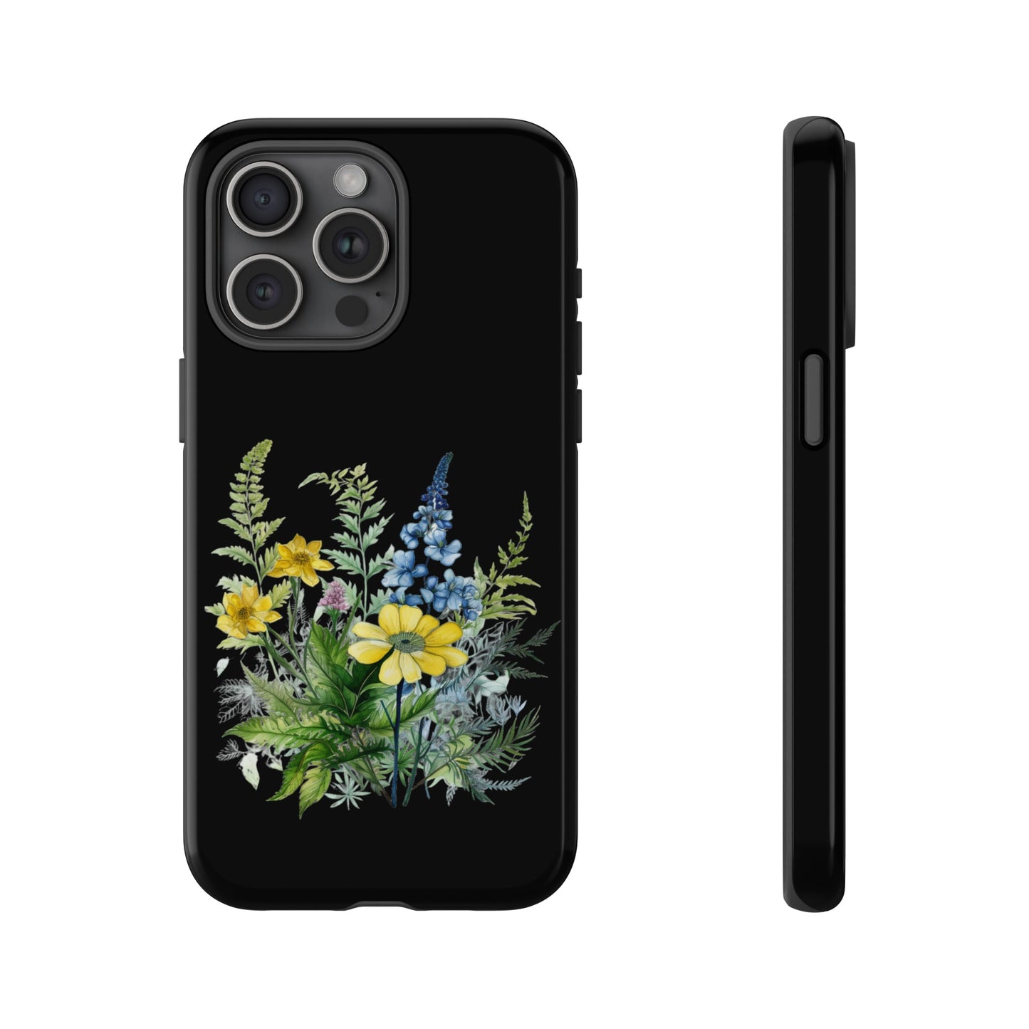 Yellow and Blue Wildflowers on Black Background Phone Case