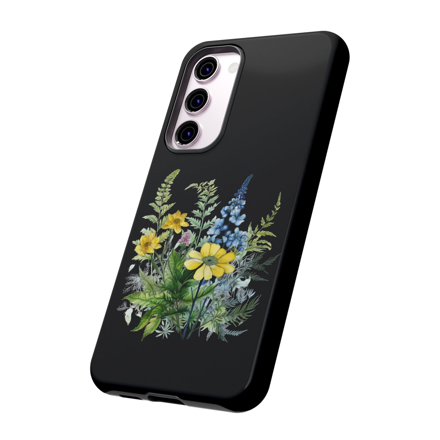 Yellow and Blue Wildflowers on Black Background Phone Case