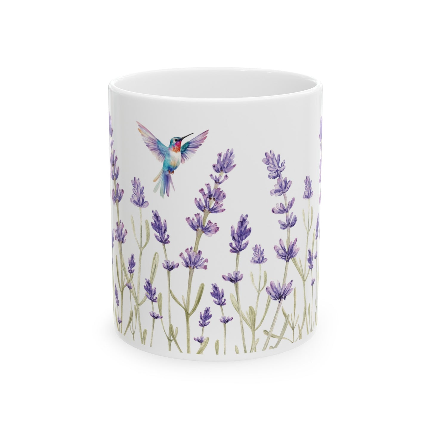 Hummingbirds and Lavender Flowers Watercolor Style Mug